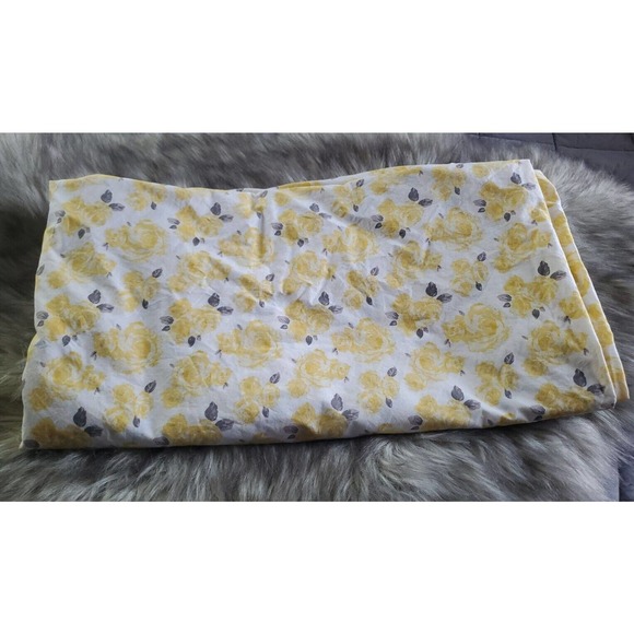 Emily & Merritt Queen Size Floral Yellow Gray Cotton Flat Sheet 97" x 104" - Picture 1 of 8